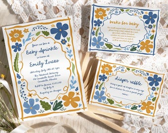 Hand Drawn Floral Baby Sprinkle Invitation Template, Blue Green Yellow Wildflower Garden Party Download