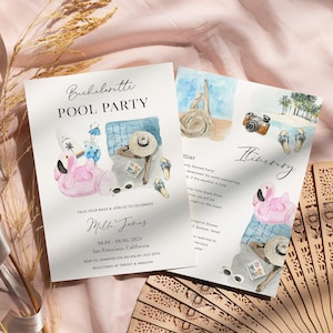 Pool-Party Bachelorette Einladung und Reiseplan Vorlage, Pool Junggesellenabschied Einladung Sommer Strand Junggesellinnenabschied