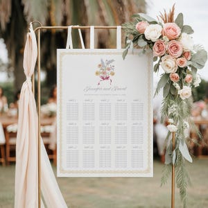 Floraler Sitzplan Hochzeitstisch Sitzplan Pastellblumen Schleife Hochzeit Gästeliste Sitzschild Sitzschild Wildblumen Hochzeit Schild