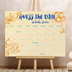 Calendario con fecha de parto de bebés con cítricos Juego para baby shower con naranjas Letrero con calendario de embarazo Juego para adivinar la fecha de nacimiento del bebé, decoración mediterránea para baby shower