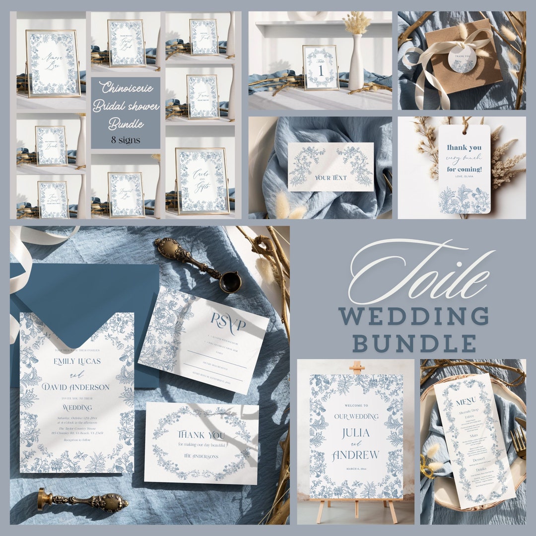 Dusty Blue Toile Wedding Invitation Bundle, Floral Vintage Chinoiserie ...