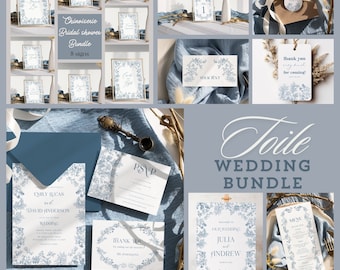 Dusty Blue Toile Wedding Invitation Bundle, Vintage Chinoiserie Floral French Garden Signs Decor Set