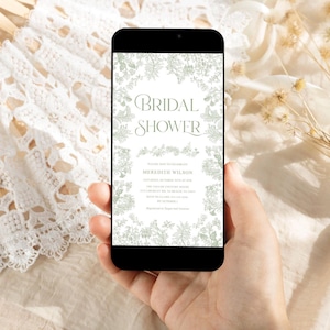 Sage green Chinoiserie bridal shower invitation Vintage French Floral bridal shower Evite, Green toile bridal shower invitation Electronic