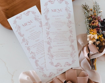 Chinoiserie Wedding menu card: Pink Toile Baby/Bridal shower decor, Birthday dinner menu Template