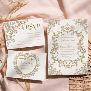 Conjunto de convites florais para casamento, estilo vitoriano, estilo regência, tema barroco clássico, convite com brasão de chinoiserie vintage primavera verão
