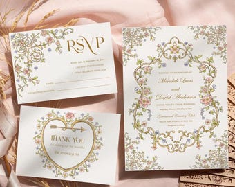 Chinoiserie Pink Gold Floral Crest Wedding Invitation Set | French Vintage Romantic Garden Party Template | Corjl Digital Download Card