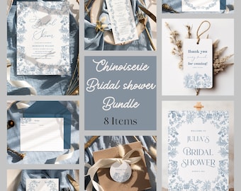 Chinoiserie bridal shower invitation bundle, Dusty blue floral bridal shower decor, Vintage French toile bridal shower bundle