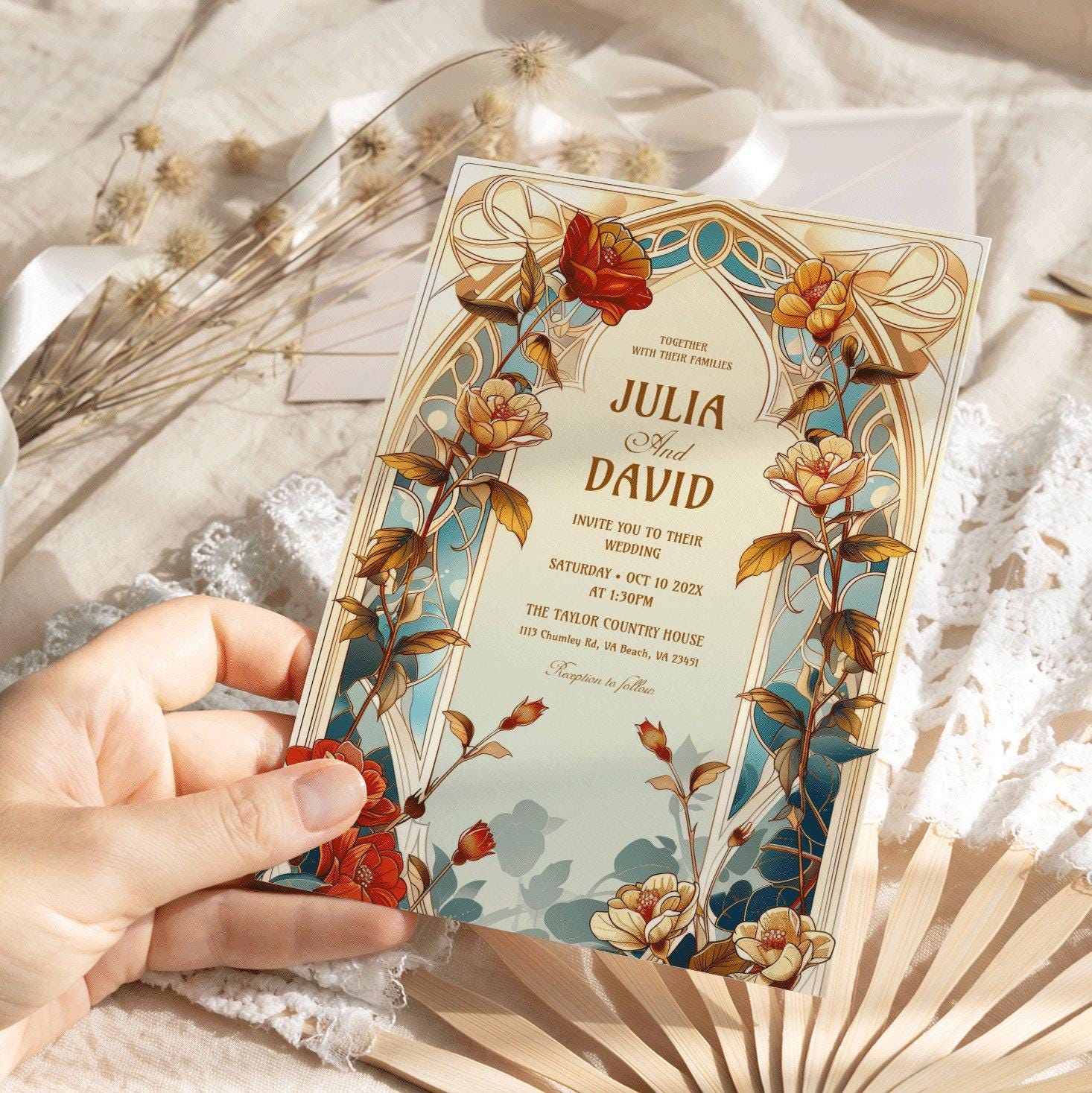 Art Nouveau Wedding Invitation. Fall Autumn Theme, Fantasy Vintage Floral  Garden Invite - Etsy, image size:1466x1467