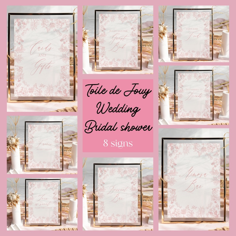 May include: A collection of eight rectangular wedding signs featuring a pink and white Toile de Jouy floral border pattern. Each sign is displayed in a thin gold metal frame with glass, showcasing various event text including Cards and Gifts.