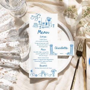 Italian wedding menu and Place card Blue wedding menu Table decor, Mediterranean birthday dinner party menu, Hand drawn Bridal shower menu