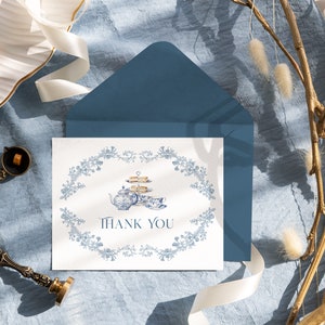 Dusty Blue Tea party menu Card, Vintage Floral Chinoiserie Birthday, Baby Bridal shower decor image 8