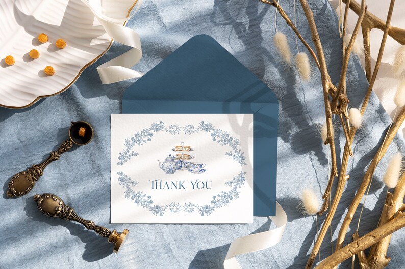 Dusty Blue Tea party menu Card, Vintage Floral Chinoiserie Birthday, Baby Bridal shower decor image 8