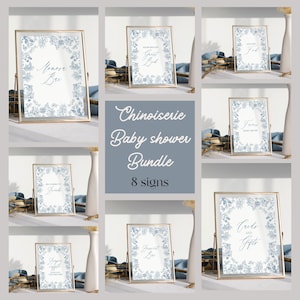 Dusty blue Toile Baby Shower signs bundle blue Chinoiserie Boy baby shower decor, Baby sprinkle floral French toile de Jouy table signs