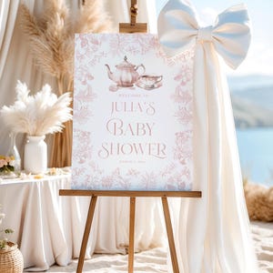 Tea party Welcome sign Baby shower sign Pink Floral Toile girl baby shower decor, Chinoiserie Girl High Tea Baby shower welcome sign