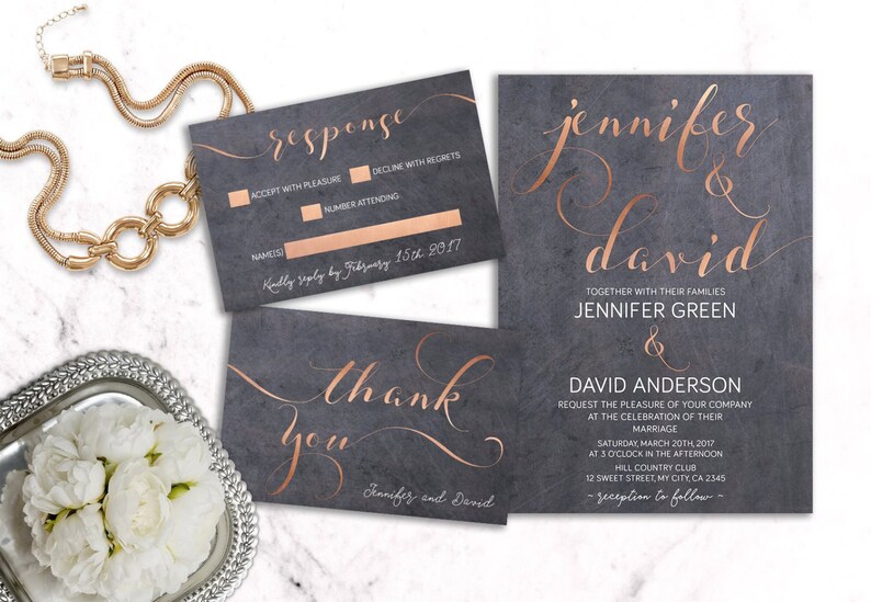 Copper Wedding ceremony Invitation Printable Innovative Marriage ceremony invite Preset, Grey Rose Gold Marriage invitation Suite photograph relating to Etsy Wedding Invitations Printable named Copper Marriage ceremony Invitation Printable Progressive Wedding day invite Fixed, Grey Rose Gold Wedding day invitation Suite