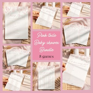 May include: Pink toile baby shower game bundle with 8 different games. The games include: "Guess the Baby Food", "Who Knows Mommy Best", "Baby Word Scramble", "What's in the Diaper Bag", "Guess the Baby Song", "How Many Kisses", "Will She or Won't She", and "Baby Bingo".