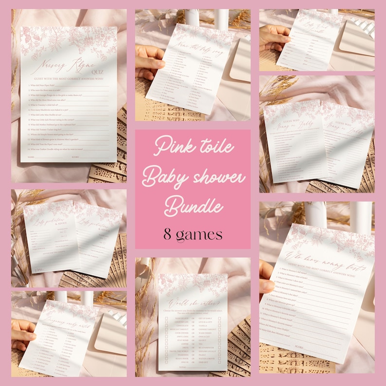 May include: Pink toile baby shower game bundle with 8 different games. The games include: "Guess the Baby Food", "Who Knows Mommy Best", "Baby Word Scramble", "What's in the Diaper Bag", "Guess the Baby Song", "How Many Kisses", "Will She or Won't She", and "Baby Bingo".