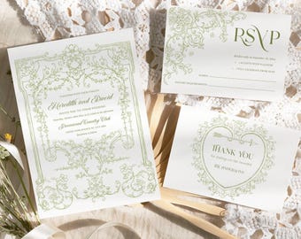 Conjunto de invitaciones de boda de estilo chinoiserie verde, plantilla editable de invitación barroca victoriana vintage