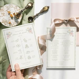 May include: Wedding stationery featuring a timeline and wedding party details. The timeline card has floral accents and illustrations. The wedding party card lists names. The cards are cream-colored with a decorative border.