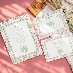 Grandmillennial Hochzeitseinladung Rosa grüne Blumenhochzeit einladen, Frühlingssommergartenhochzeits-Einladungsreihe