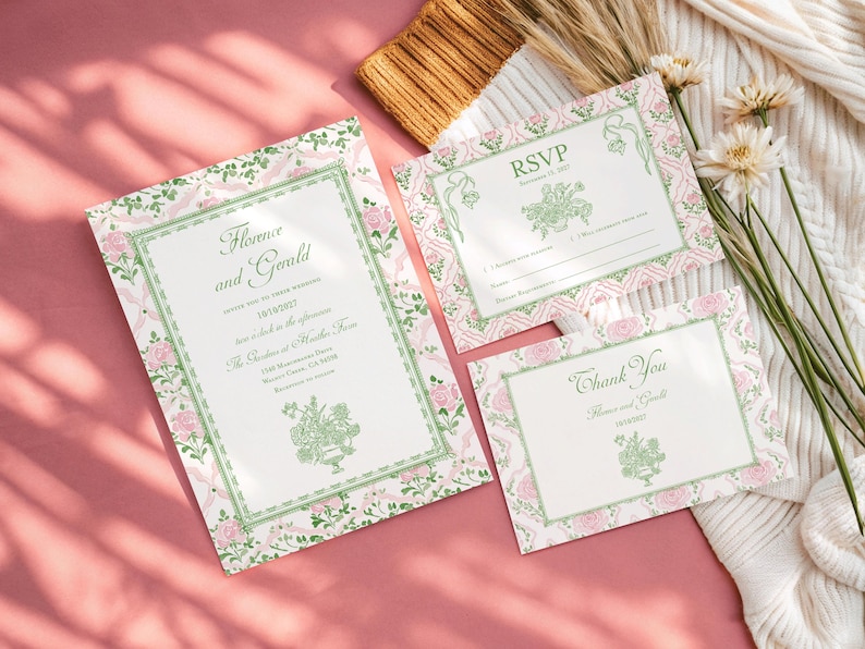 May include: A wedding invitation suite featuring a large invitation, an RSVP card, and a thank you card. Each piece has a white center with green text and a border of pink roses, green leaves, and ribbons. The text includes Florence and Gerald.