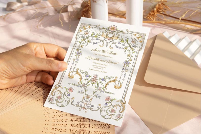 以下が含まれることがあります： ピンク、ブルー、グリーンの色合いの花柄のデザインが施された「Save the Date」カード。カードには金色のフレームと「Save the Date for the wedding of Heredith and David」というテキストが書かれています。