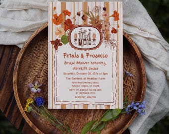 Fall Bridal Brunch Invitation: Autumn Wildflower Petals and Prosecco Garden Party Invite Template