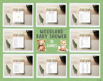 Woodland Baby Shower Games bundle forest fern berries animals party decor WB1 Boy girl shower games package