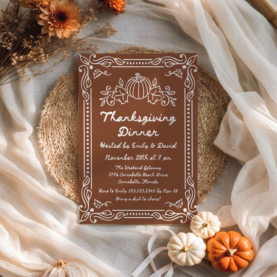 Vintage Thanksgiving dinner invitation, Hand drawn Pumpkin invite, Whimsical, Editable template
