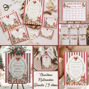 Editable Merry Little Christmas Baby Shower Invitation Bundle Red Nutcracker Theme Corjl