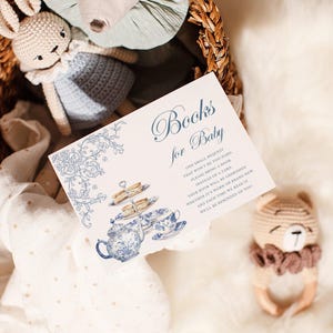 Livres pour baby shower pour le goûter, toile bleu poussiéreux, jeux pour baby shower, chinoiseries, baby shower, carte pour le goûter Apportez une carte