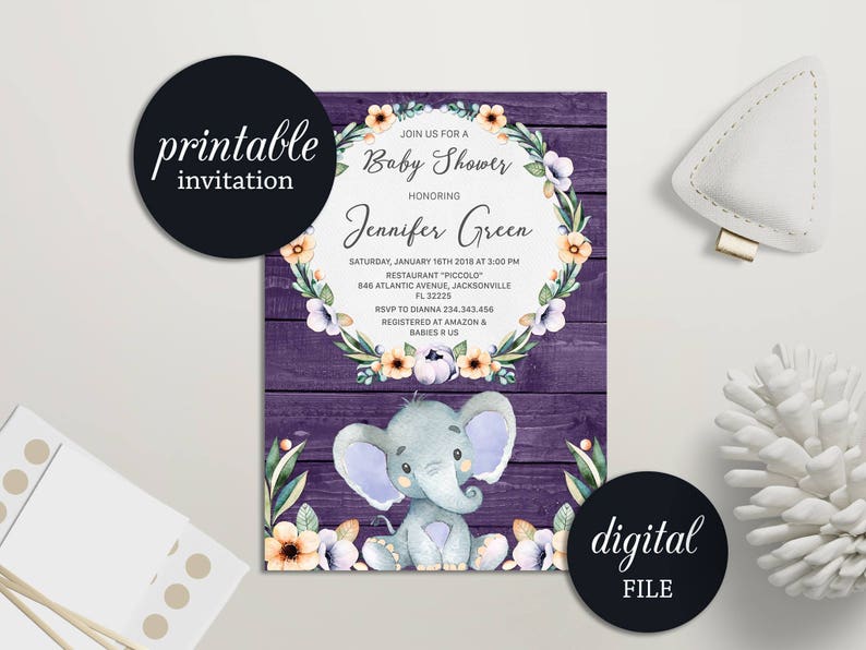 Baby Shower Signs Printable Elephant Baby Shower Decor Purple Etsy