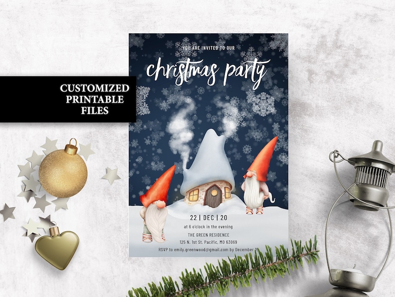 Christmas Invitation Gnome Holiday Party Invite Printable Etsy
