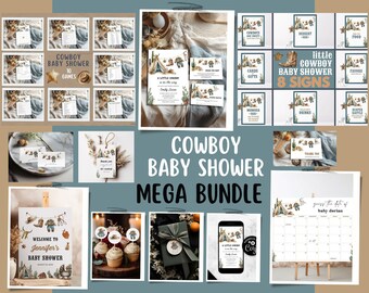 Little Cowboy baby shower Invitation Bundle Boy baby clothes line shower decor, Signs, Games, Western wild west rodeo baby shower bundle