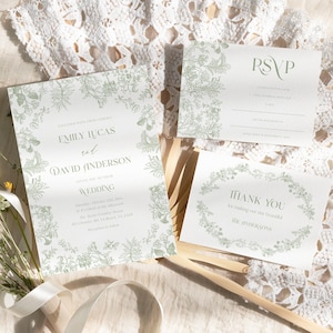 Sage green Toile wedding invitation floral vintage wedding suite, French Toile de Jouy Green Chinoiserie wedding invitation set