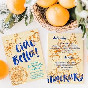 Italian Bachelorette party Invitation Hand drawn Ciao bella Bachelorette Itinerary That&#39;s amore Dolce Vita Mediterranean Citrus Bachelorette