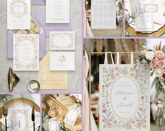 Pastel Floral Wedding Invitation Bundle: Vintage Wildflower Garden Party Decor Spring Summer Suite