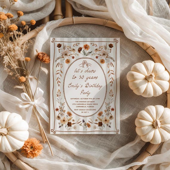 Fall Wildflower Birthday Invitation, Stripes Dinner party invite Pink Brown Autumn Floral Template