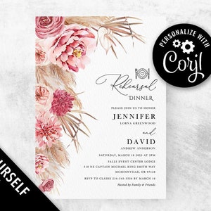 Pampas wedding invitation boho tropical wedding invite printable, Spring summer pink floral Beach wedding invitation suite image 8