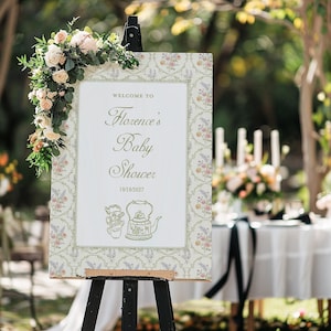 Plaque de bienvenue vintage pour baby shower, thé de l&#39;après-midi, jardin, signe de baby shower, vert rose, floral, thé, signe de bienvenue pour baby shower, fille