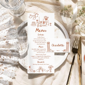Hand drawn wedding menu and Place card Italian Mediterranean decor, Scribble doodle Whimsical Rehearsal dinner menu, Wedding name cards