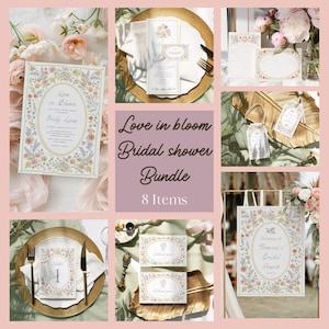 Peut inclure: Un ensemble d'invitations de f&ecirc;te pr&eacute;nuptiale sur le th&egrave;me floral. L'invitation pr&eacute;sente une bordure florale avec le texte "Love in Bloom" et le nom de la mari&eacute;e. L'ensemble comprend une pancarte de bienvenue, des num&eacute;ros de table, des cartes de remerciement et une &eacute;tiquette de faveur.