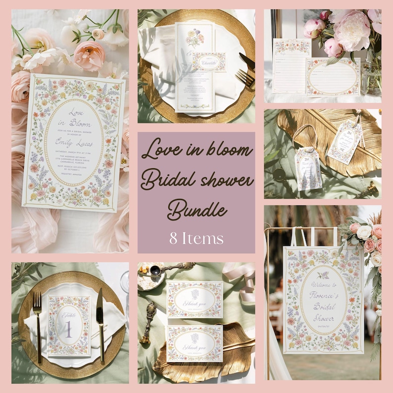 Peut inclure: Un ensemble d'invitations de f&ecirc;te pr&eacute;nuptiale sur le th&egrave;me floral. L'invitation pr&eacute;sente une bordure florale avec le texte "Love in Bloom" et le nom de la mari&eacute;e. L'ensemble comprend une pancarte de bienvenue, des num&eacute;ros de table, des cartes de remerciement et une &eacute;tiquette de faveur.