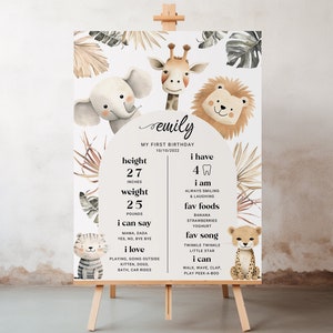 Safari Geburtstag Meilenstein Plakat Dschungeltiere Party Dekor Meilenstein Zeichen Vorlage, Mädchen Junge Boho Safari Tiere Wild ein Geburtstagsdekor