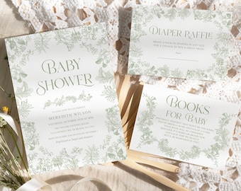 Sage Green Toile Baby Shower Invitation Set, Floral Chinoiserie Vintage Gender Neutral Template