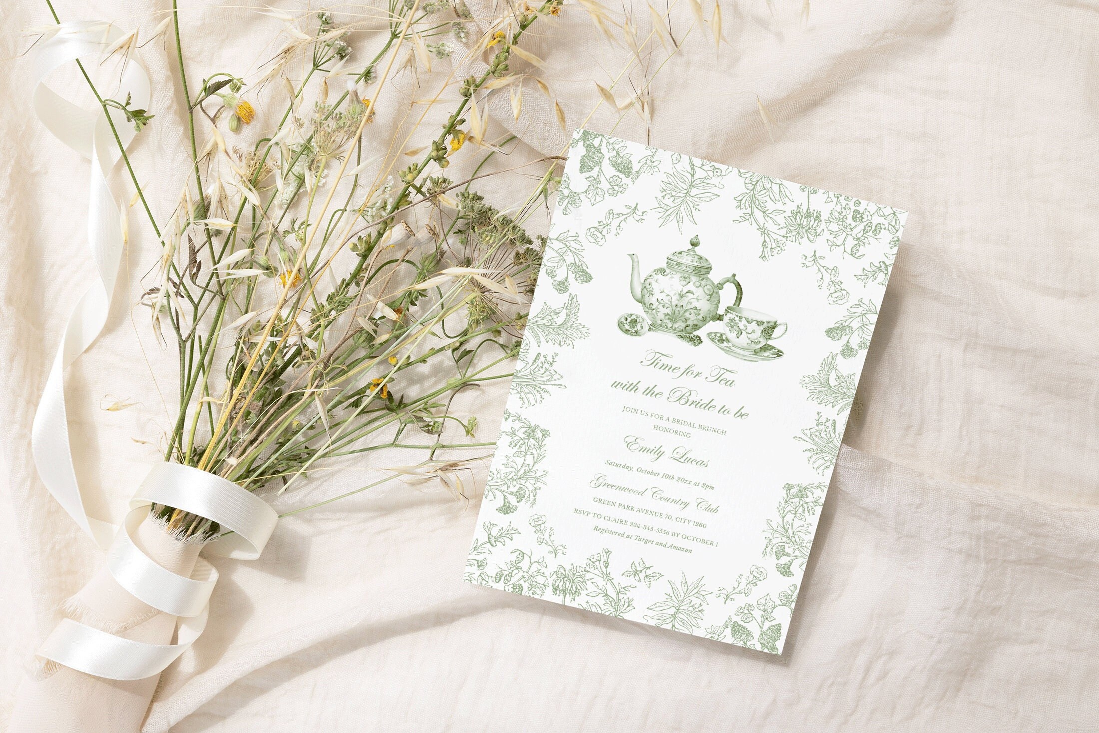 Sage green Bridal shower tea party invitation Toile de jouy tea with the bride to be, Chinoiserie High tea bridal shower brunch invite