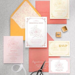 Rosa Blumen-Hochzeitseinladungsreihe Pfirsich Mango Botanischer Garten Hochzeitseinladung, Elegante Moderne Frühlingssommer Vintage-Hochzeitspaket