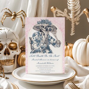 Halloween Bridal Shower Invitation Vintage toile skeleton bridal shower invite template, Halloween Bachelorette party invite