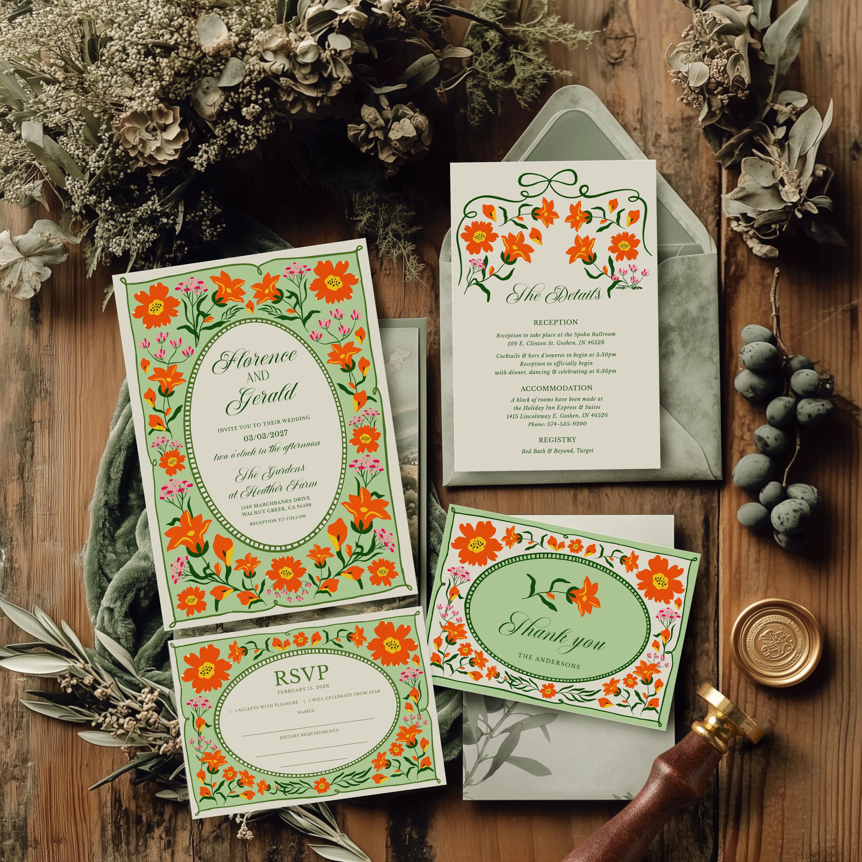 Pink Green Orange Floral Wedding Invitation Suite, Editable Corjl