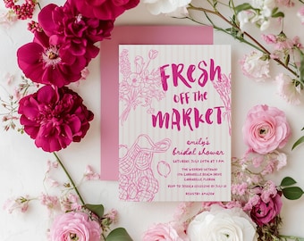 Pink Fresh Off The Market Bridal Shower Invitation: Hand-Drawn Farmers Market Template